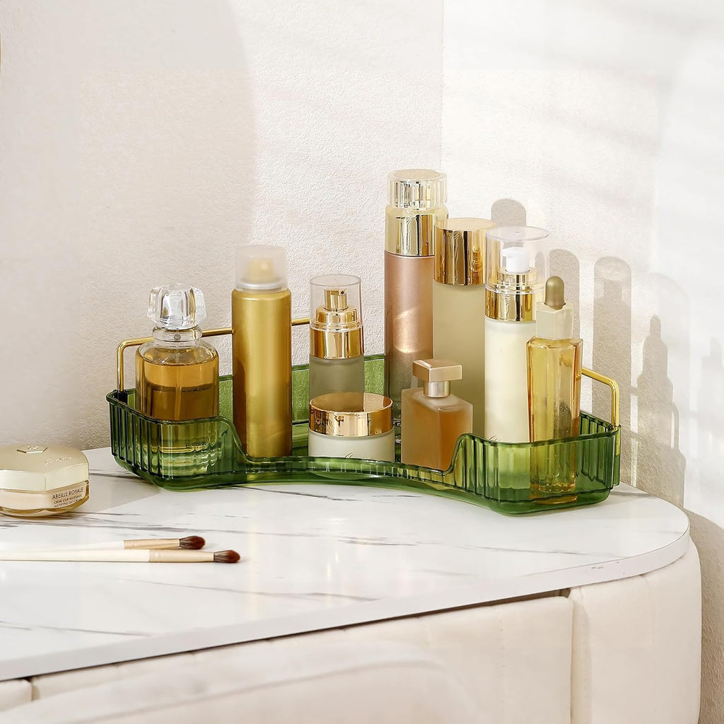 Corner Bathroom Countertop Organizer, Vanity Organizer Trays for Counter, Makeup Organizers, Perfume Tray, Skincare Shelf Storage Gifts for Women Girl Student (Green, 1 Tier)