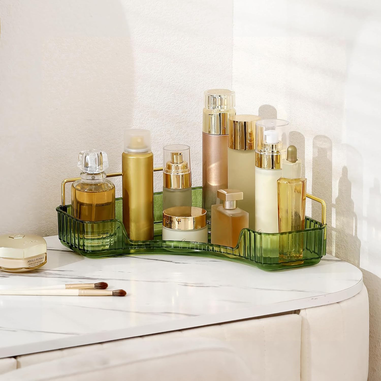 Corner Bathroom Countertop Organizer, Vanity Organizer Trays for Counter, Makeup Organizers, Perfume Tray, Skincare Shelf Storage Gifts for Women Girl Student (Green, 1 Tier)