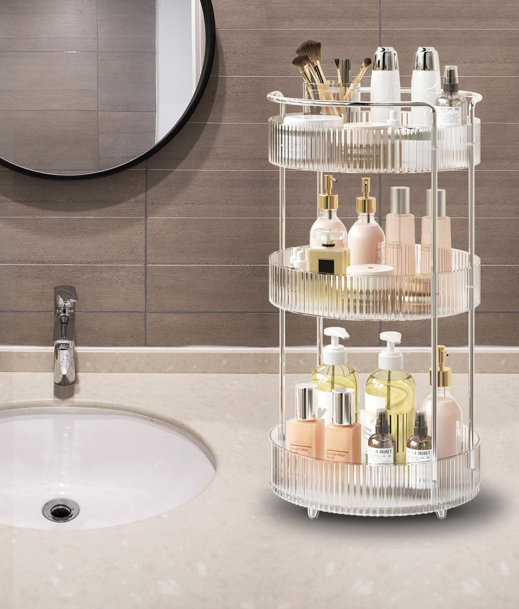 360° Rotating Makeup Organizer for Vanity, Skincare Perfume Organizers and Storage for Bathroom Countertop, Clear Makeup Brush Holder Lazy Susan for Counter (Transparent, 3 Tier)