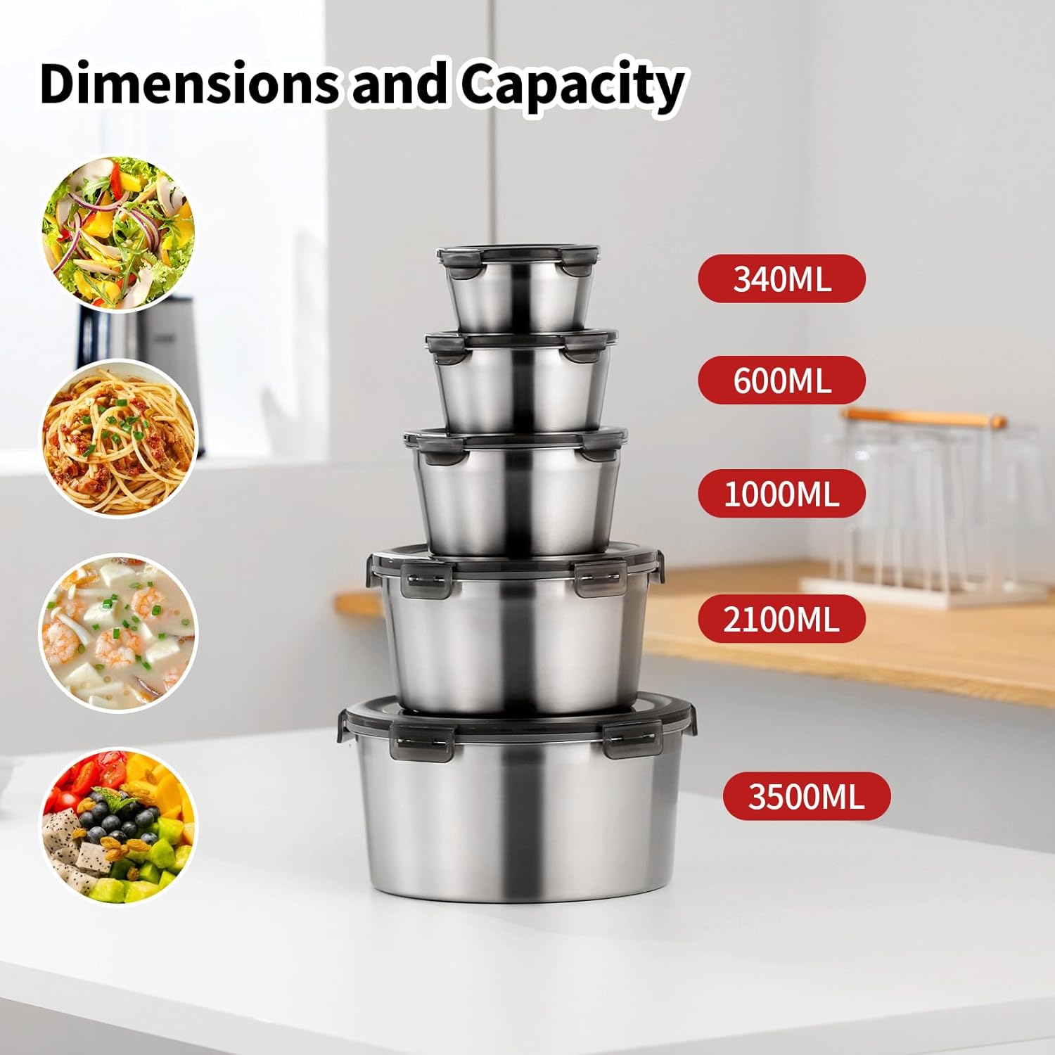 316L Stainless Steel Food Storage Containers with Lids, 20oz 34oz 71oz Airtight Metal Meal Prep Containers,Bento Lunch Box for Kitchen, Picnic & Camping（600 ml / 1000 ml / 2100 ml）