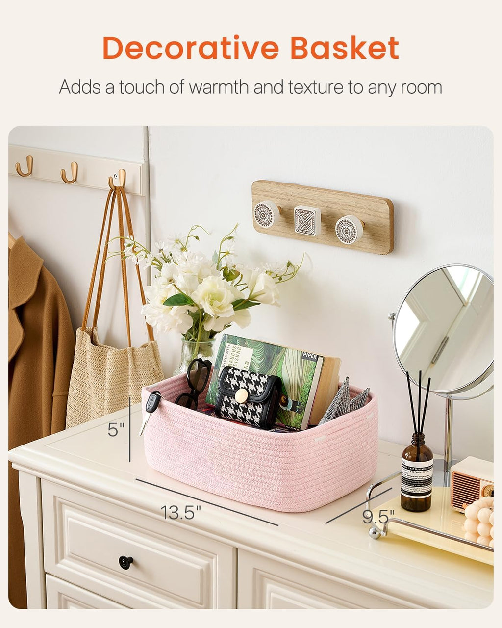 Small Woven Basket, 13.5 x 9.5 x 5 Inches, Storage Basket for Organizing, Cute Small Rope Shelf Closet Cube Storage Bins Baskets for Shelves, Dog Toy Gift Baskets Empty, 3 Pack Light Pink