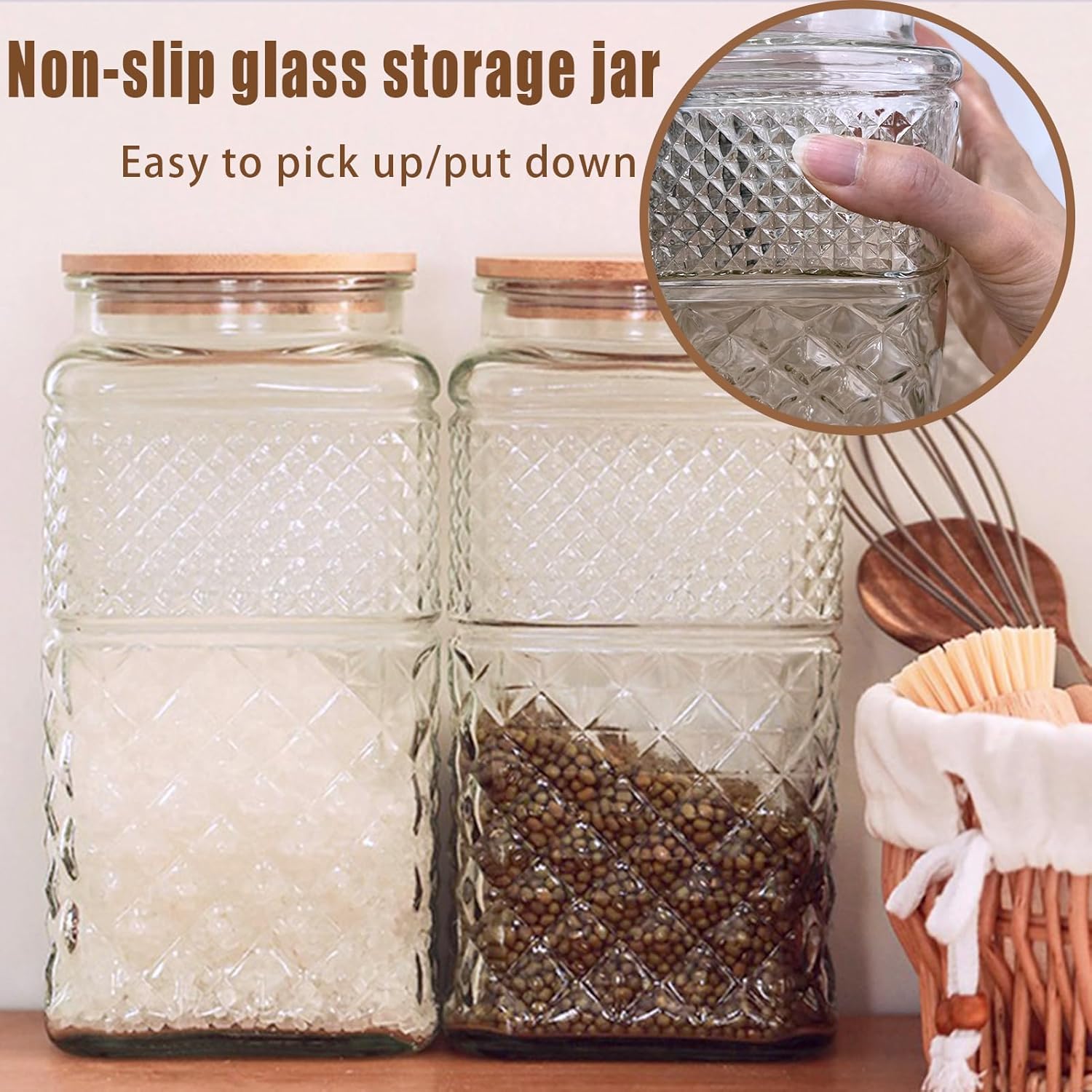 Viovian 1 Gallon Glass Jar with Lid Spoon 120 OZ Square Wide Mouth Glass Storage Jars Airtight Large Vintage Canister Container for Candy Cookie Sugar Coffee Tea Nuts Flour Dog Treat Laundry Pods