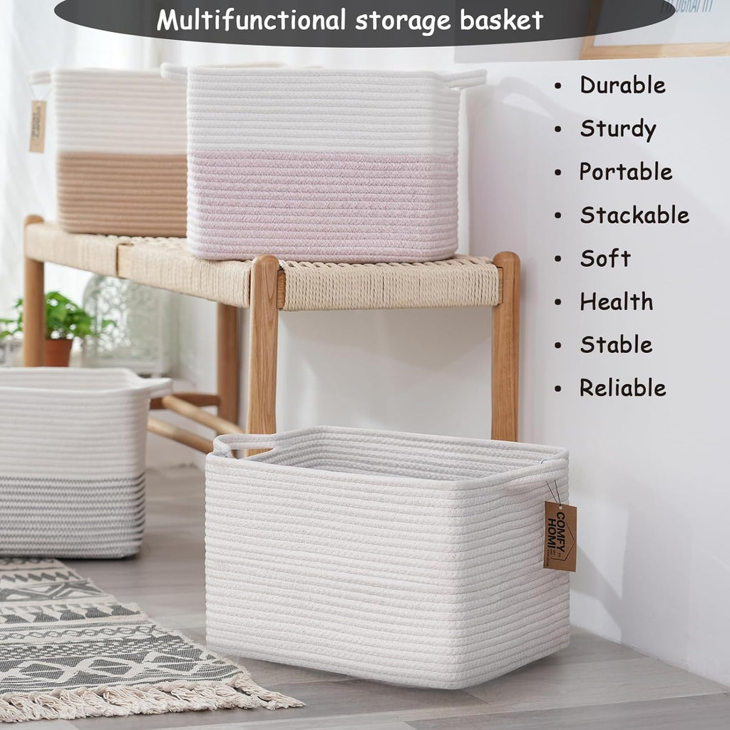 COMFY-HOMI 3PACK Cotton Rope Rectangular Storage Baskets for Living Room, Baby Room, Office (All White, 13.5" x 11" x 9.5")