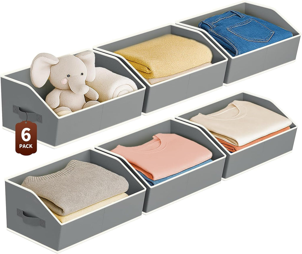 Large Closet Organizers and Storage Bins - 6 Pack Trapezoid Storage Baskets for Shelves, Foldable Fabric Baskets with Handles Ideal for Closet, Basket, Wardrobe and Shelf Storage, Grey