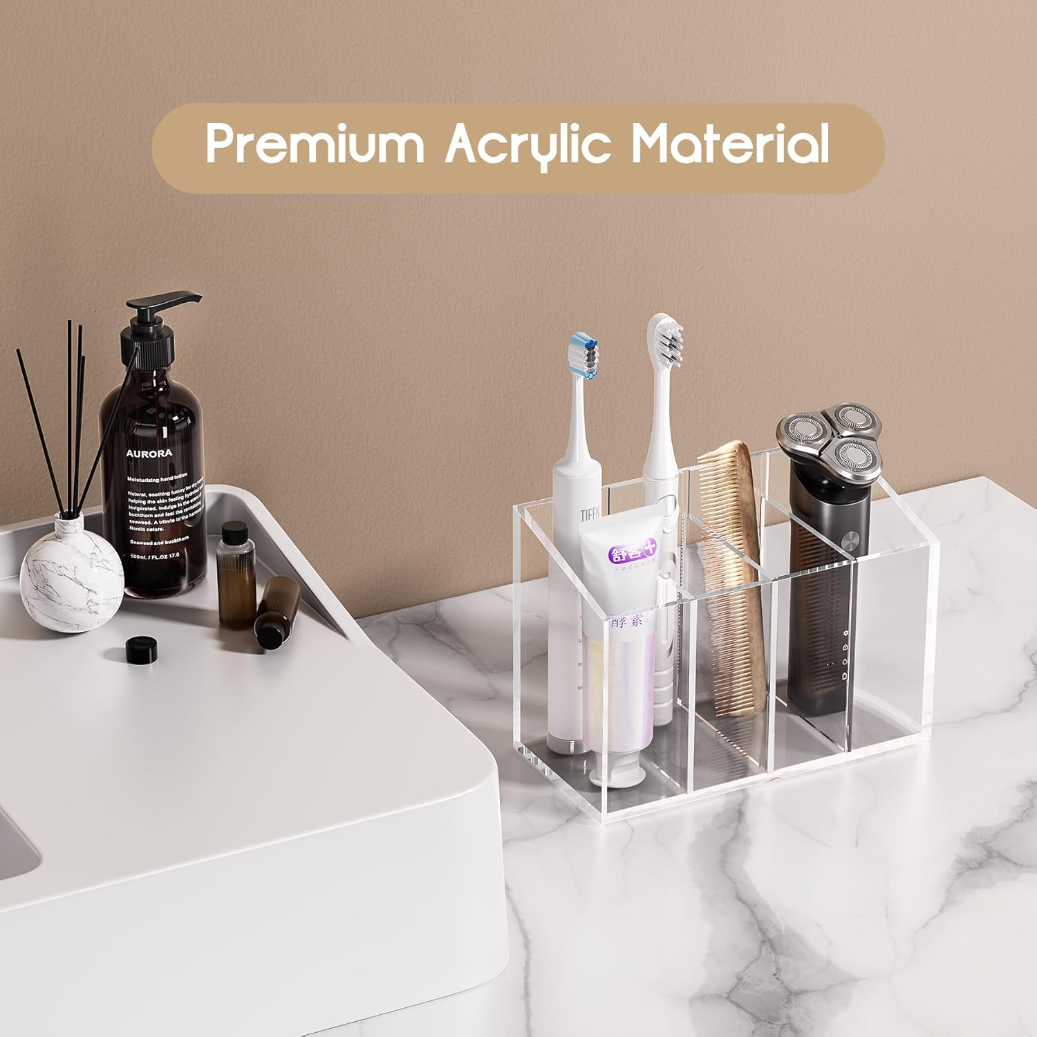 Acina 2PCS Clear Makeup Brush Holder Organizer Acrylic 3-Slots Cosmetic Brushes Storage Organizer for Vanity Countertop