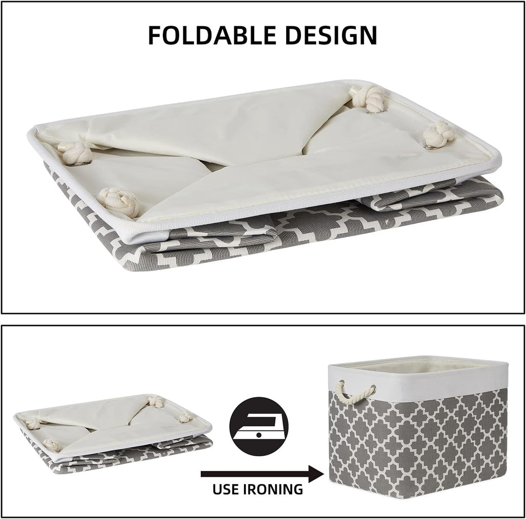 Bidtakay Large Fabric Storage Basket Set of 2 Collapsible Rectangle Basket for Shelves 16" X 11.8" X 11.8" Decorative Organizer Bins for Clothes Toys(White&Quatrefoil Grey)