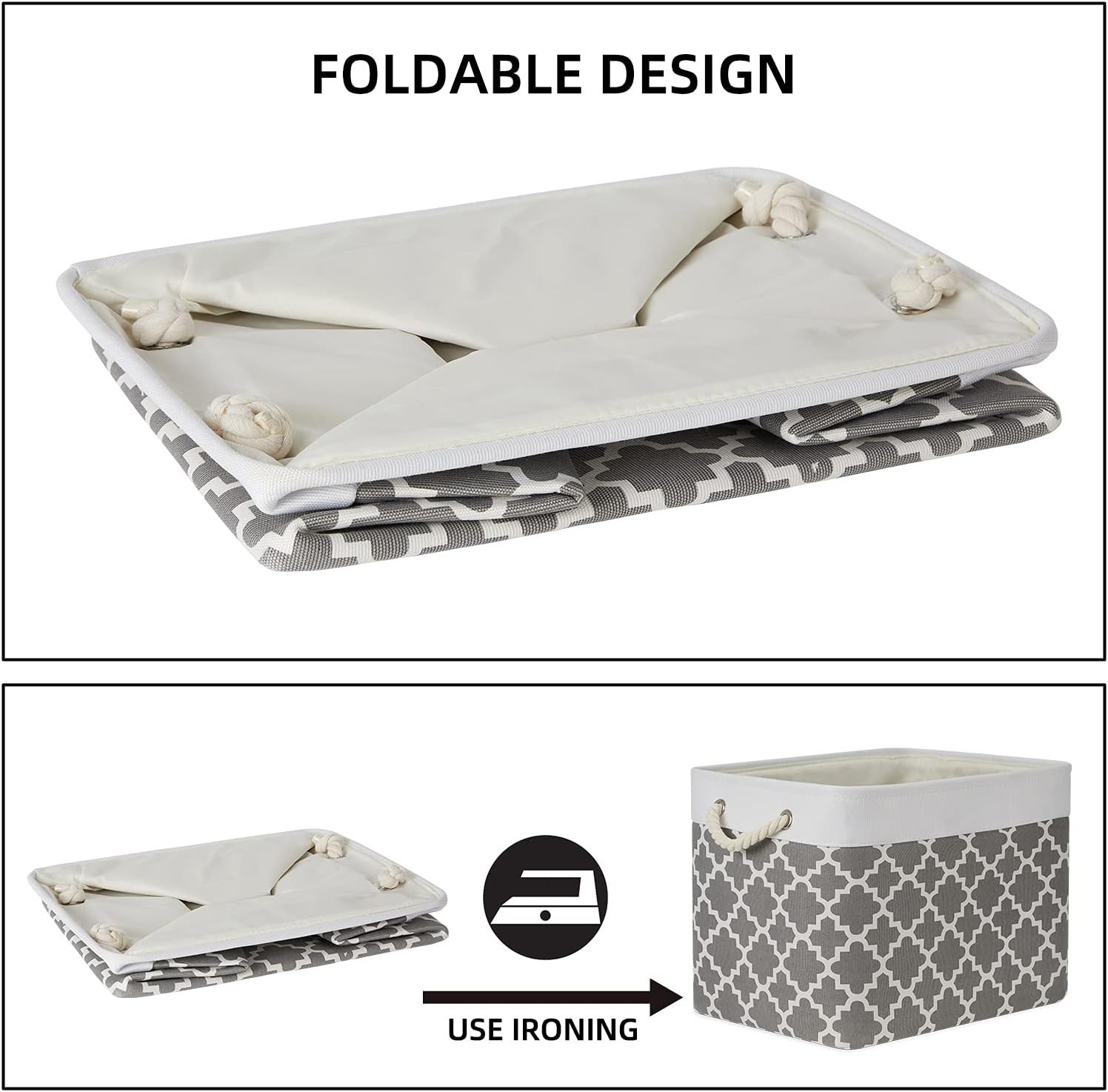 Bidtakay Large Fabric Storage Basket Set of 2 Collapsible Rectangle Basket for Shelves 16" X 11.8" X 11.8" Decorative Organizer Bins for Clothes Toys(White&Quatrefoil Grey)