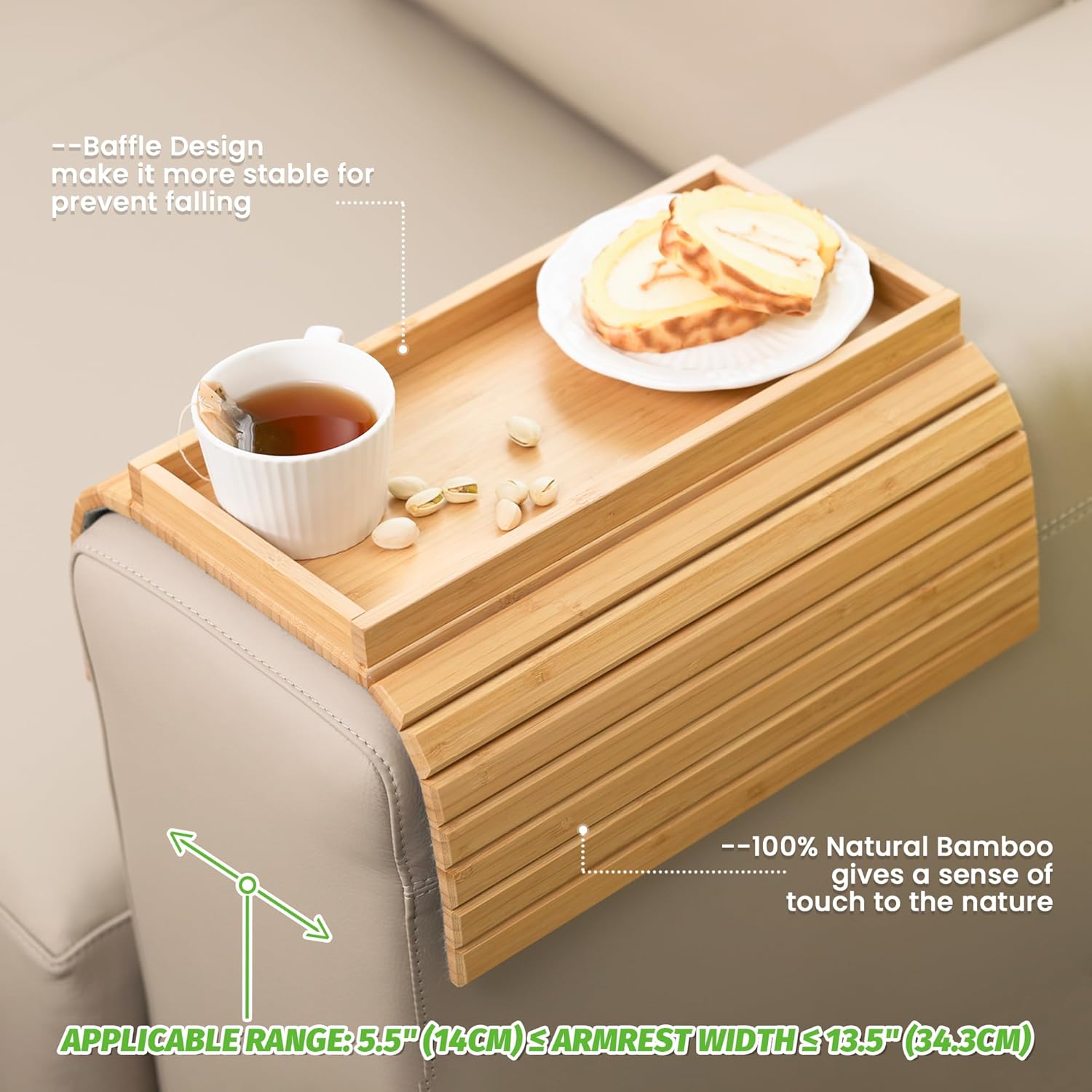 GEHE Bamboo Sofa Arm Tray, Foldable Couch Arm Tray Side Table, Anti-Falling Armrest Tables Cup Holder for Snacks, Drinks, Beers, Phone, Control, Flexible and Portable, Anti-Slip