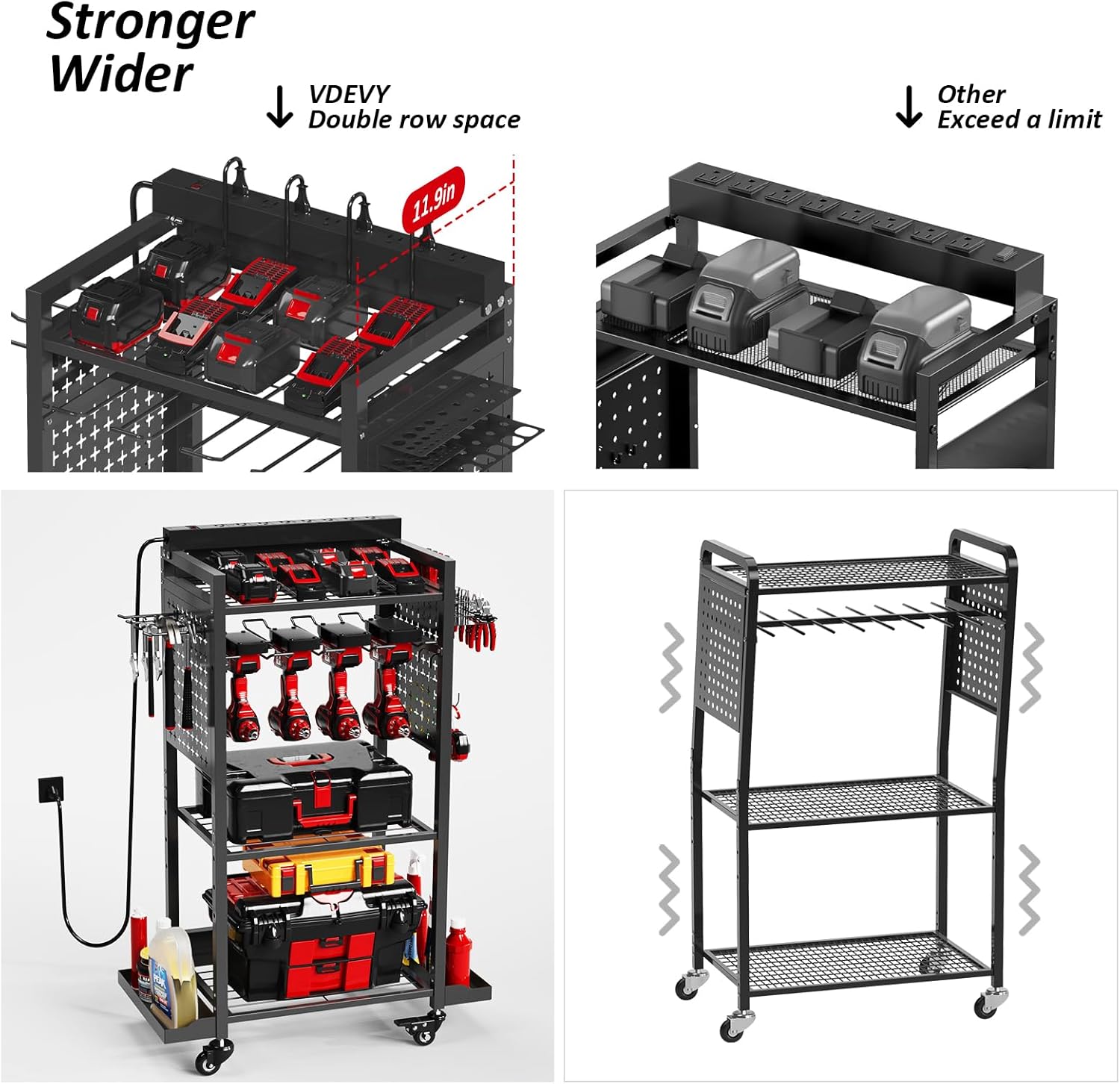 Power Tool Organizer Cart with 8 Power Outlet & Adjustable Storage, Garage Workshop Tool Box Cart, Gifts for Men