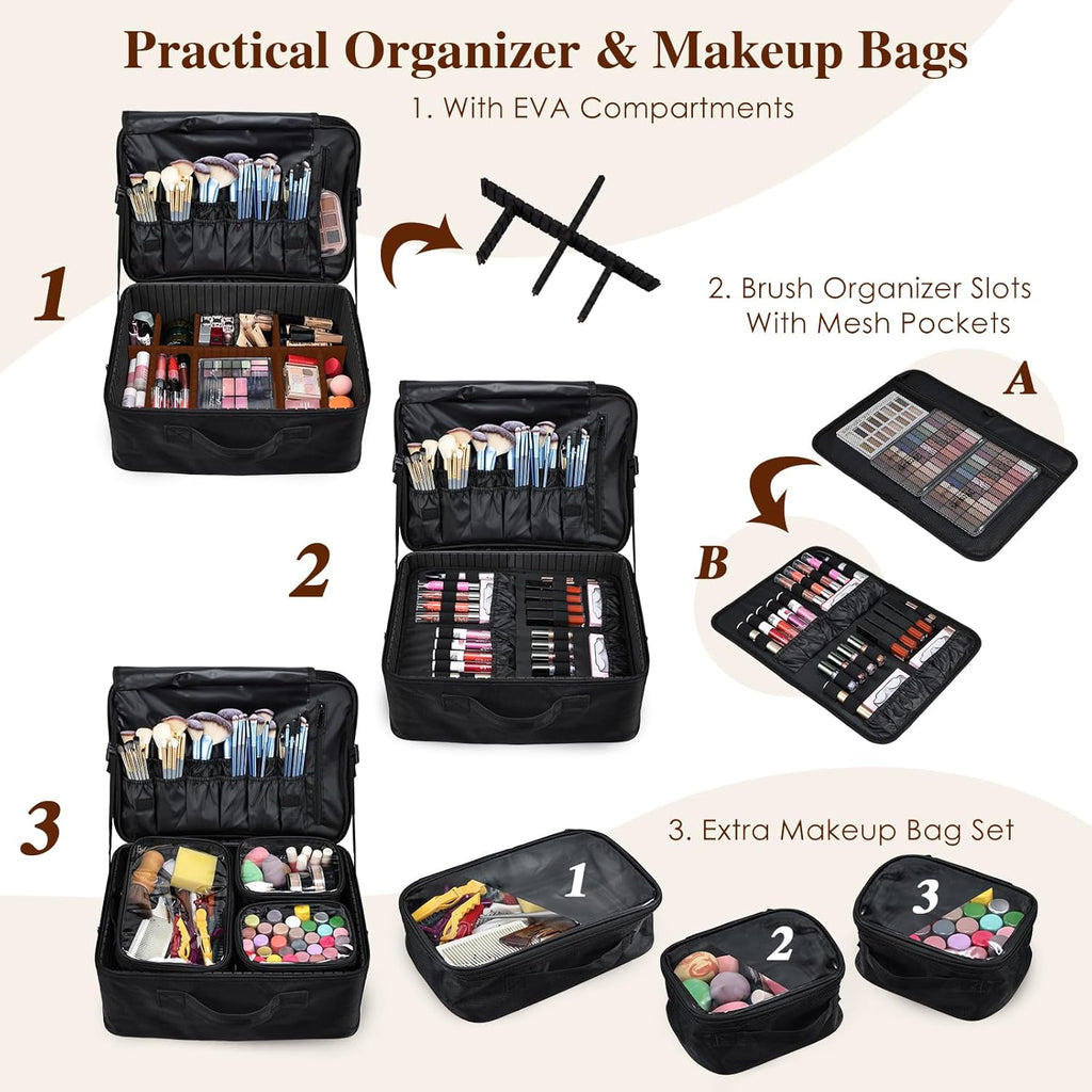 Adazzo Extra Large Makeup Case 8.5” Deep Professional Cosmetic Organizer Box Brush Holder with 3 Clear Set Bags/Lipstick Plate for Makeup Artists with Shoulder Strap/Adjustable Dividers/Luggage Sleeve