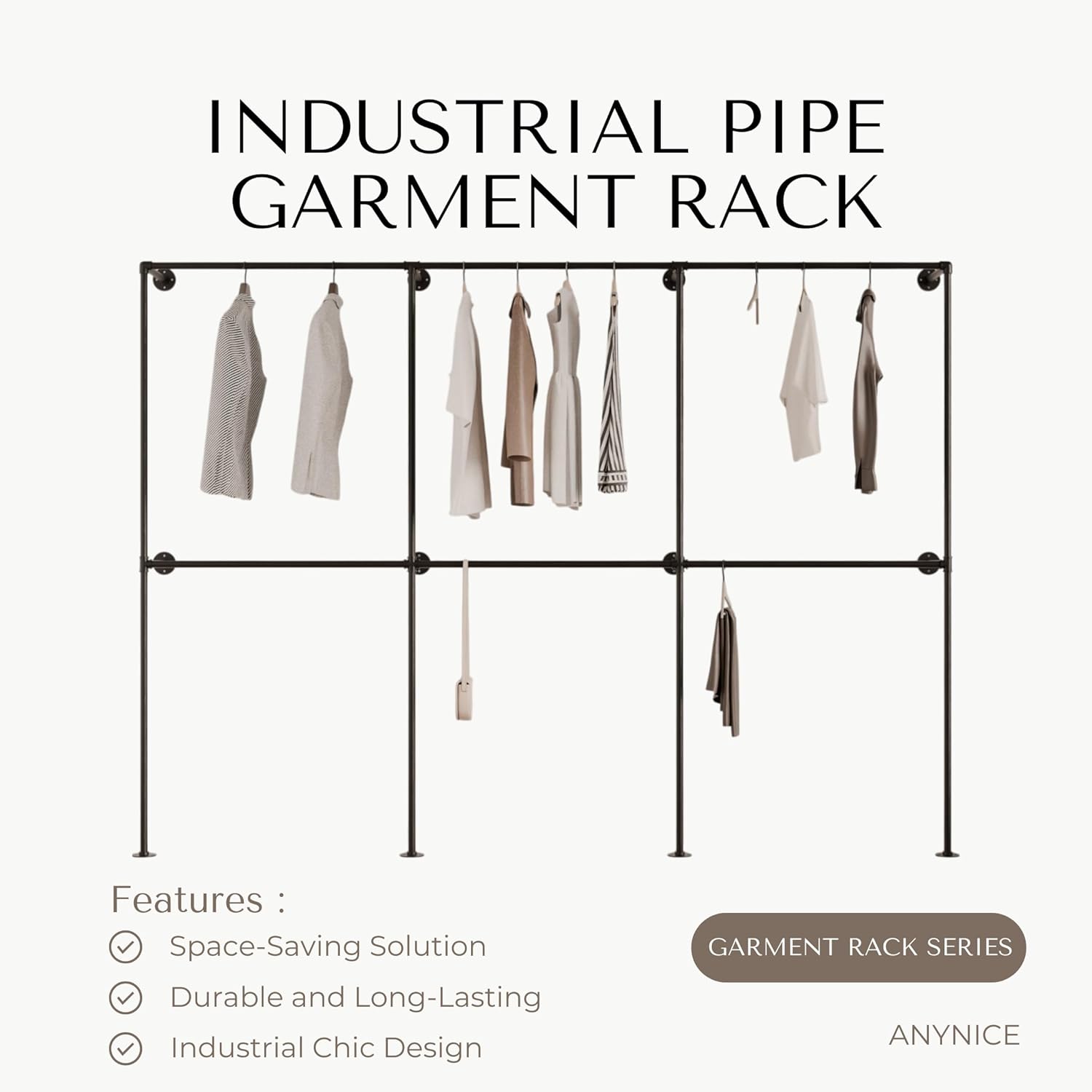 Industrial Pipe Clothing Rack, Heavy Duty Wall Mounted Clothes Rack,Retail Display Hanging Garment Rod for Laundry Rooms, Closet Storage, 14.6x110x82.7 Inches, Model K04