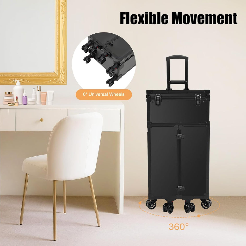 Cosmetic Train Case,Makeup Organizer Travel Case with Multiple Compartments,Rolling Makeup Case,Professional Makeup Casewith Wheels for Make-up Artists,66Lbs Load-Bearing (Black-6 Wheels)