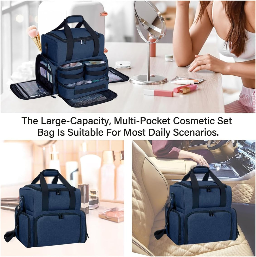 Large Makeup Cosmetic Bag with 3 Removable Case and 2 Removable Dividers Double Layer Travel Storage Organizer, Makeup Brushes Storage Section Blue