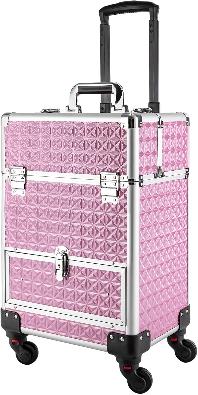 Rolling Makeup Case, Nail Storage Box with Wheels Portable Makeup Trolley for Beauty Studio Hairdressers Nail Technician (Pink)