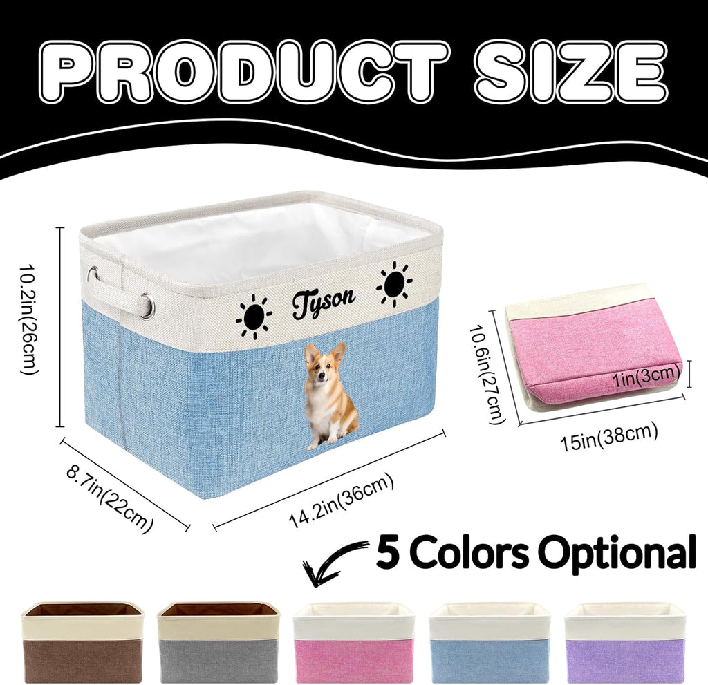 Personalized Dog Toy Storage Basket Custom Dog Name Photo Cat Pet's Gift Baskets Collapsible Organizer Box Foldable Storage Basket with Handle for Toys, Coats, Clothing, Blankets, Brown