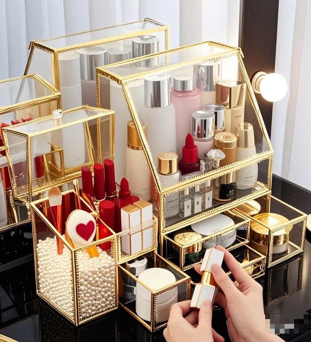 Hersoo Luxury Stackable Glass Cosmetic Organizer 3-Piece Set-Durable,Premium Shatterproof Vanity Storage,Artisan-Design for High-End Bathroom&Makeup Counter Decor(gold)