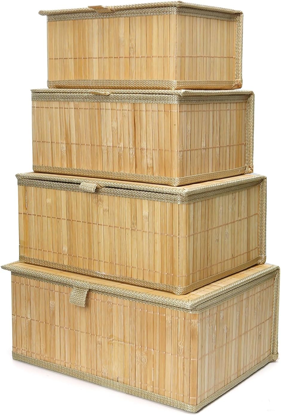 Wicker Basket With Lid Bamboo Storage Box for Shelf Bamboo Decor Storage Boxes With Lids-Rectangle Decorative Basket With Lid Organizer for Bedroom,Living Room (Set of 4,natural)