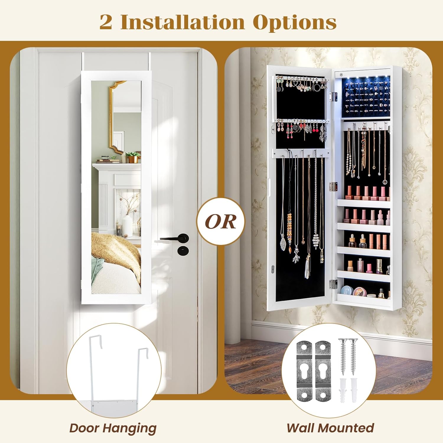 Giantex Wall or Door Mounted Jewelry Cabinet with Full Length Mirror, Over The Door Jewelry Armoire Organizer with Lights, Large Storage with Necklace Hooks, Earring Slots & Shelves (White)