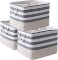 TheWarmHome Jumbo Storage Bins Baskets, Sturdy Fabric Organizing Basket W/Handles, Decorative Foldable Storage Baskets for Shelves Closet Nursery Toy (Grey&White Stripes 3 Pack, 20.5Lx15.7Wx13.8H in)