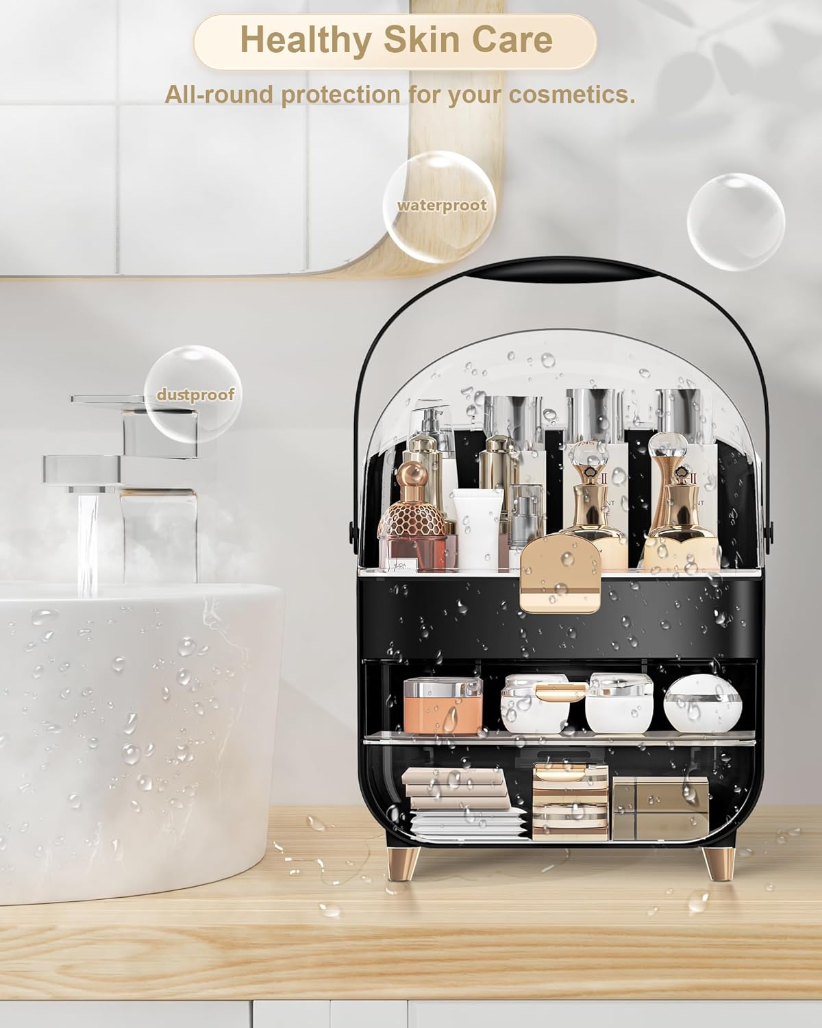 Makeup Organizer Countertop, Skincare Holder Bathroom Counter Organizer, Storage Box Cosmetic Display Cases, Teen Girl Gifts Make up Organizers for Vanity, Dresser (Black)