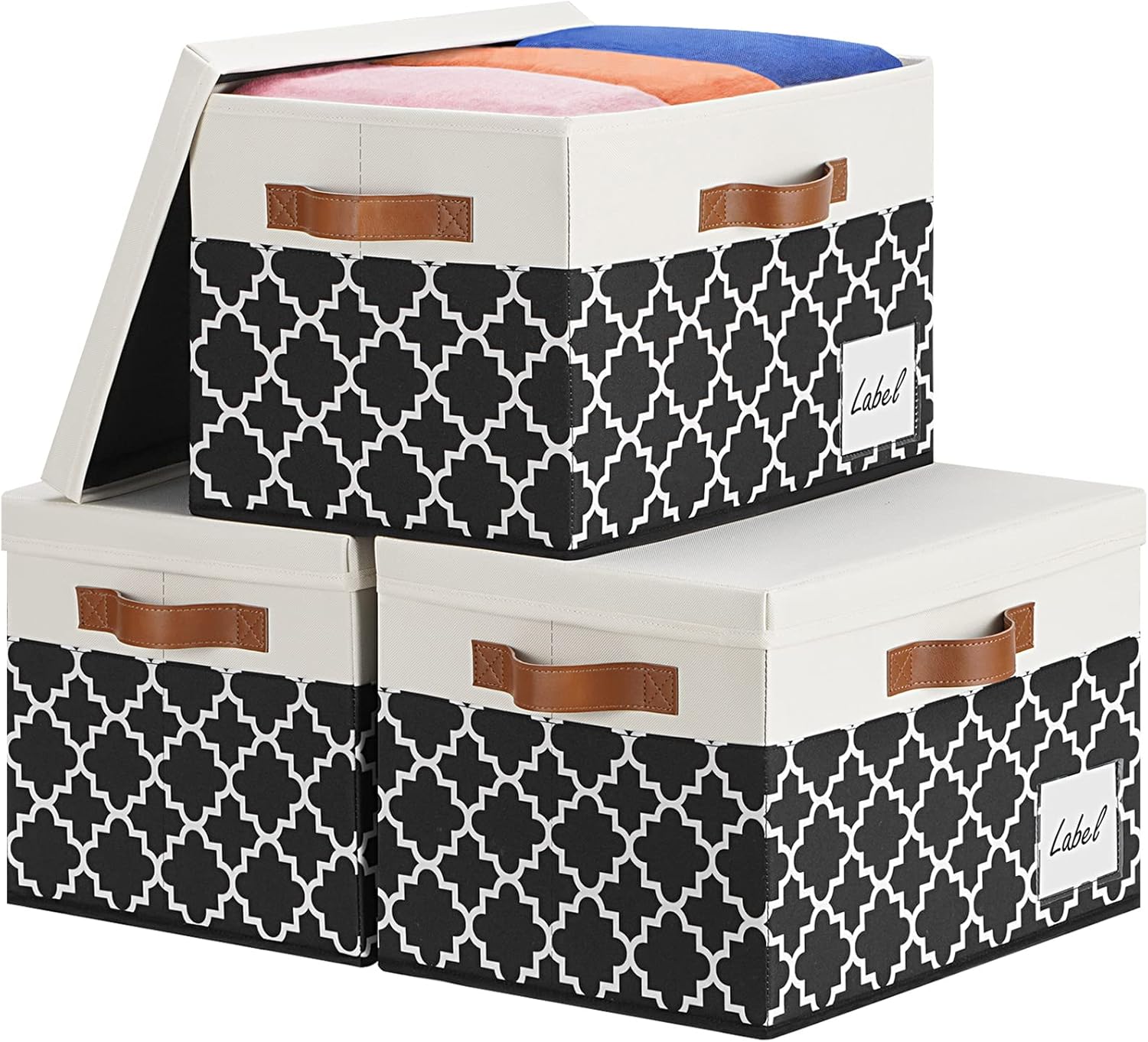 GhvyenntteS Fabric Storage Bins with Lids 3 Pack, Foldable Fabric Storage Boxes with Lids and 3 Handles, Sturdy Closet Organizers and Storage Bins with Label Window for Home (White&Lattice Black)