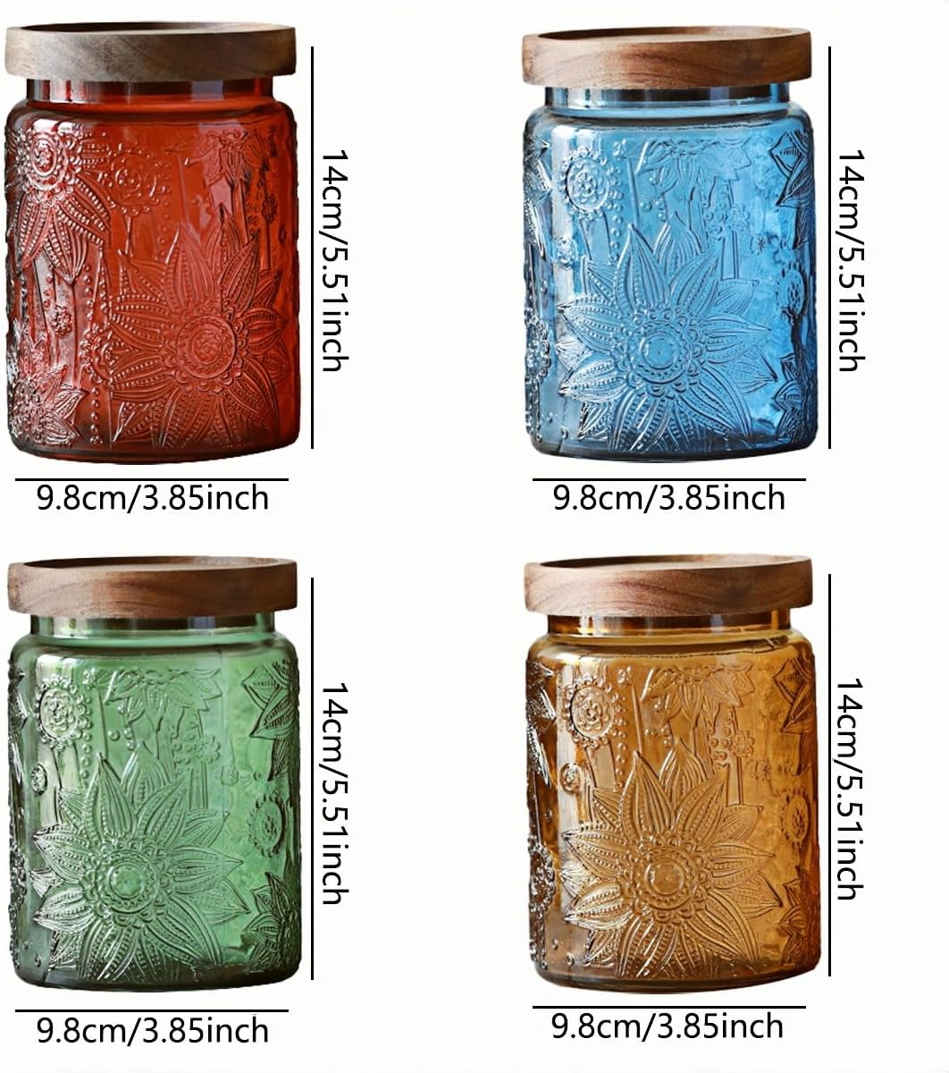 ANSQU Set of 4 Vintage Glass Storage Jars, 23.7oz Glass Coffee Canisters Decoraitve Mason Jars Sugar Containers with Airtight Wooden Lids for Kitchen Pantry, Cookie Jars (Sunflower)