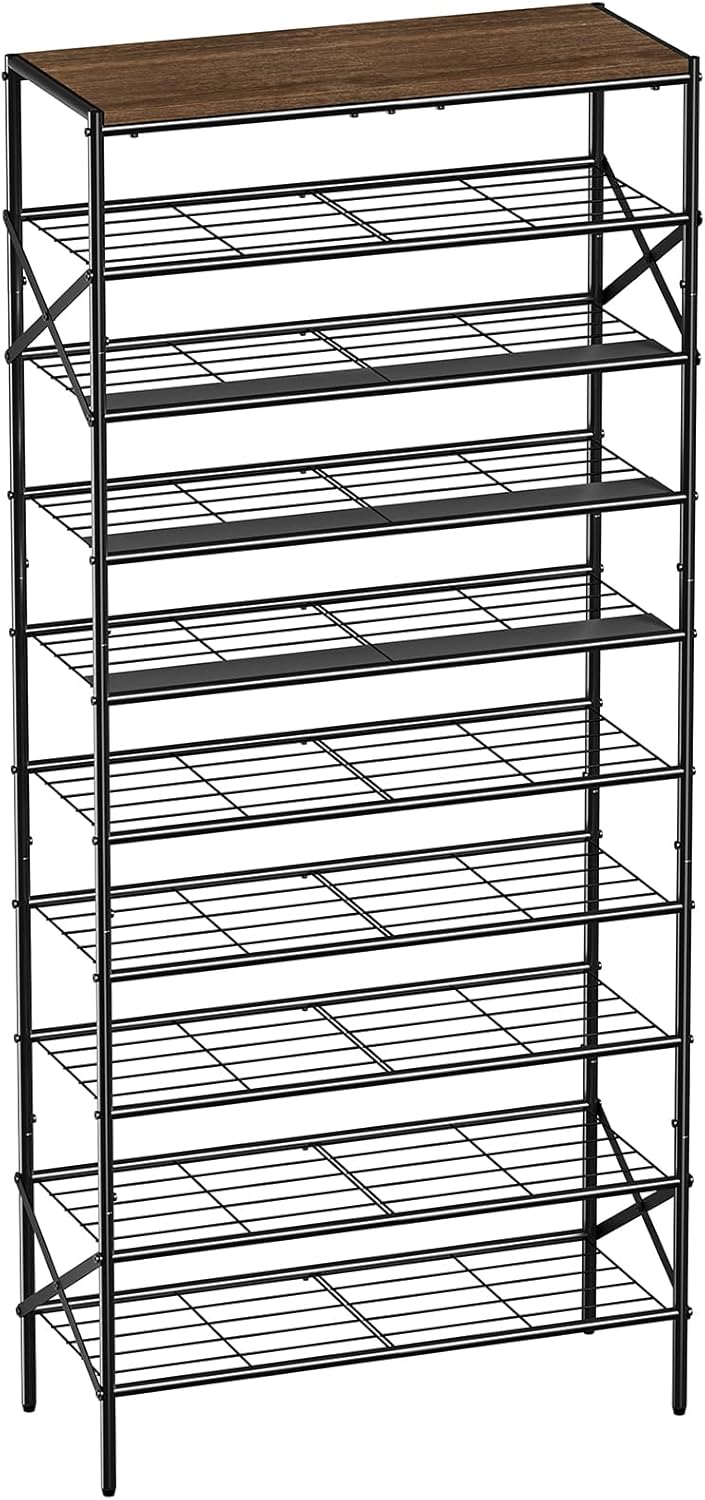 10-Tier Tall Shoe Rack Organizer Shoe Storage for Entryway 30-40 Pairs Metal Shoe Rack for Closet Heavy-Duty Shoe Rack with Wooden Top Shelf for Garage Rustic Brown