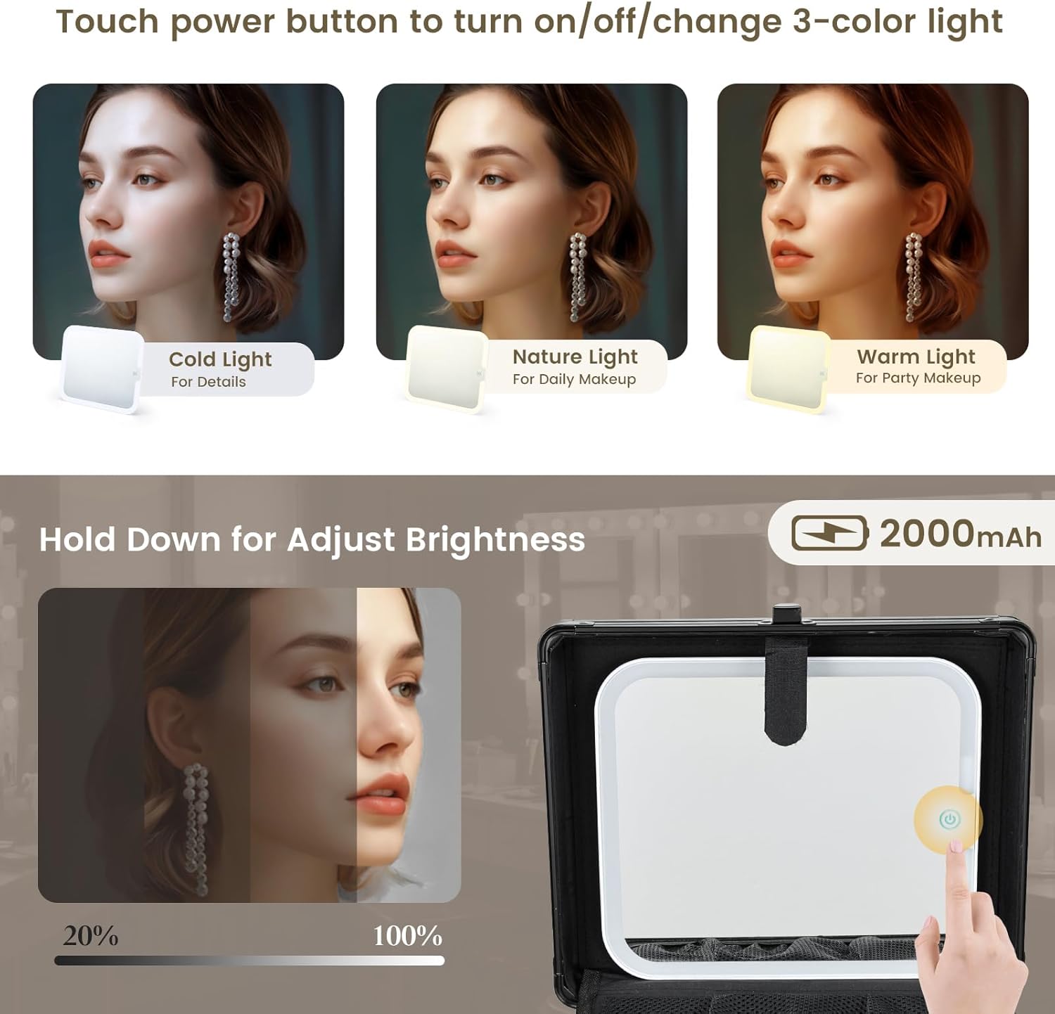 Makeup Case with Lighted Vanity Mirror, Makeup Organizer Box Travel Make up Case with LED Mirror Portable Cosmetic Train Case for Countertop Lockable Makeup Suitcase with Adjustable Dividers