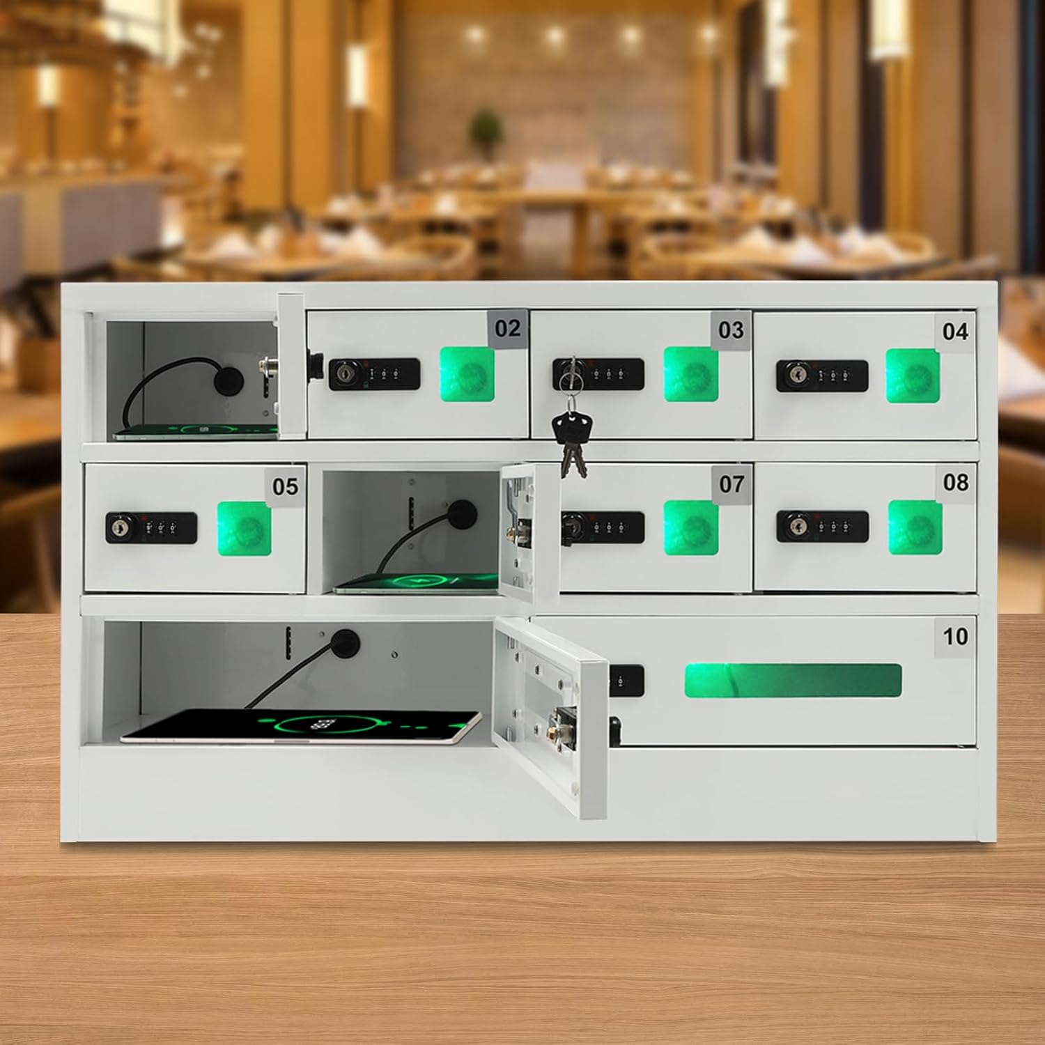 10 Slots Cell Phone Charging Station, Fast Charge Mobile Phone Locker Cabinet with Acrylic Window and 3-in-1 Cable, Combination Lock iPad mini Storage for Office, Classroom (10-Slot)
