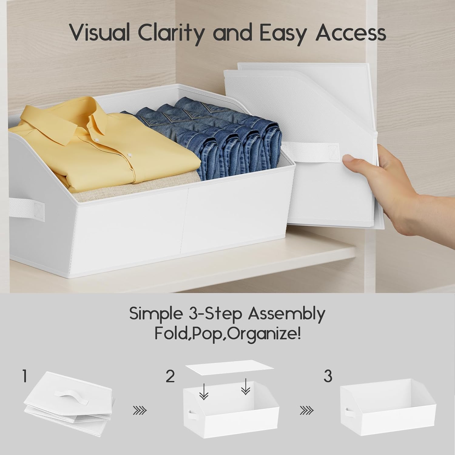 Large Closet Organizers and Storage Bins - 8 Pack Trapezoid Storage Baskets for Shelves, Foldable Fabric Baskets with Handles Ideal for Closet, Basket, Wardrobe and Shelf Storage, Light Grey