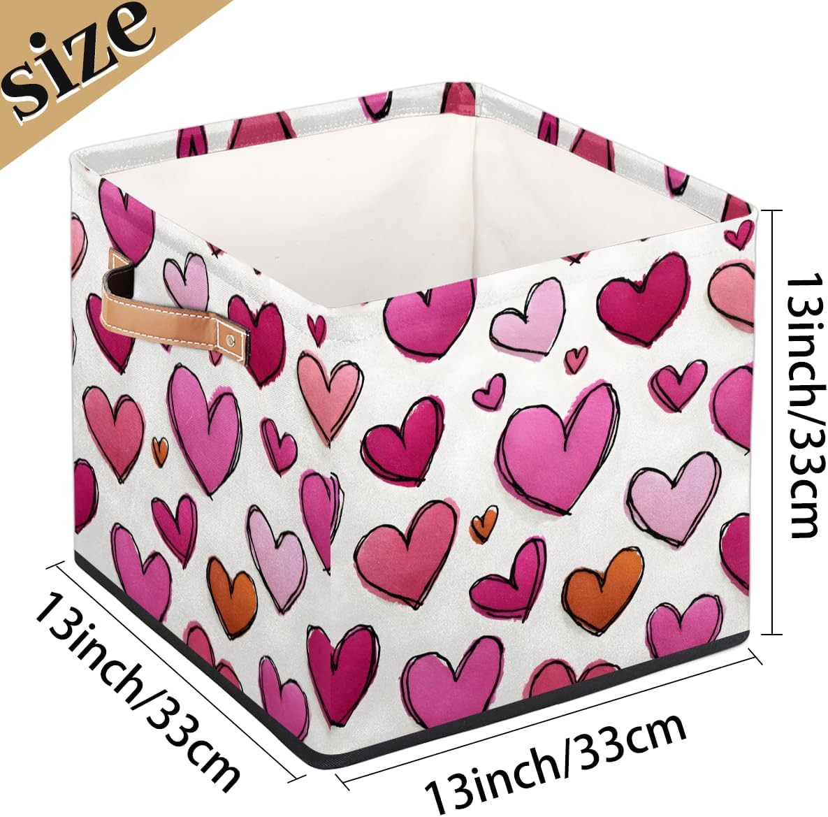 TropicalLife 13x13x13 Inch Large Fabric Storage Cube Love Hearts Foldable Storage Bin with Handles Organizer Boxes Cube Basket for Shelves Organizing Closet