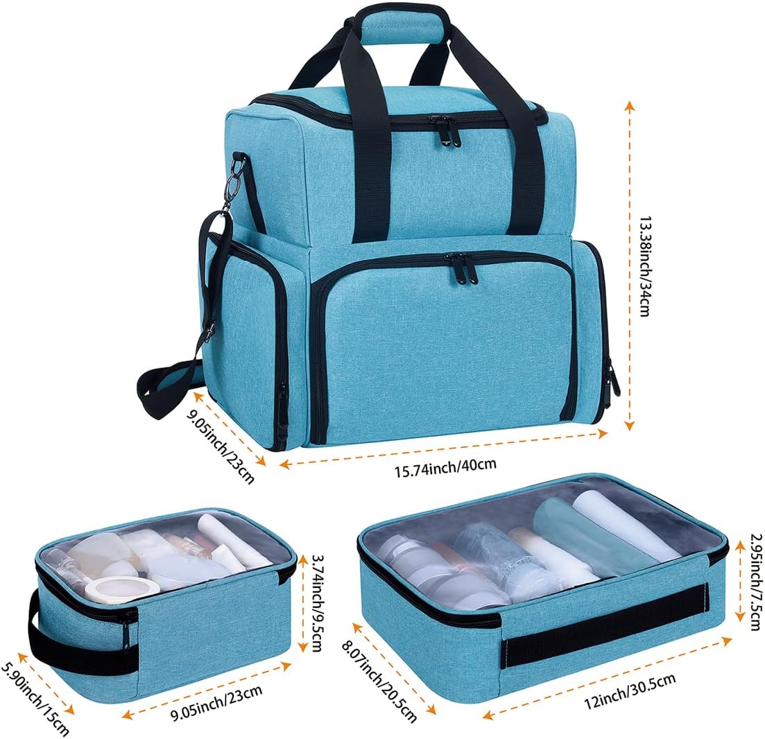 Large Makeup Cosmetic Bag with 3 Removable Case and 2 Removable Dividers Double Layer Travel Storage Organizer, Makeup Brushes Storage Section Lake Green