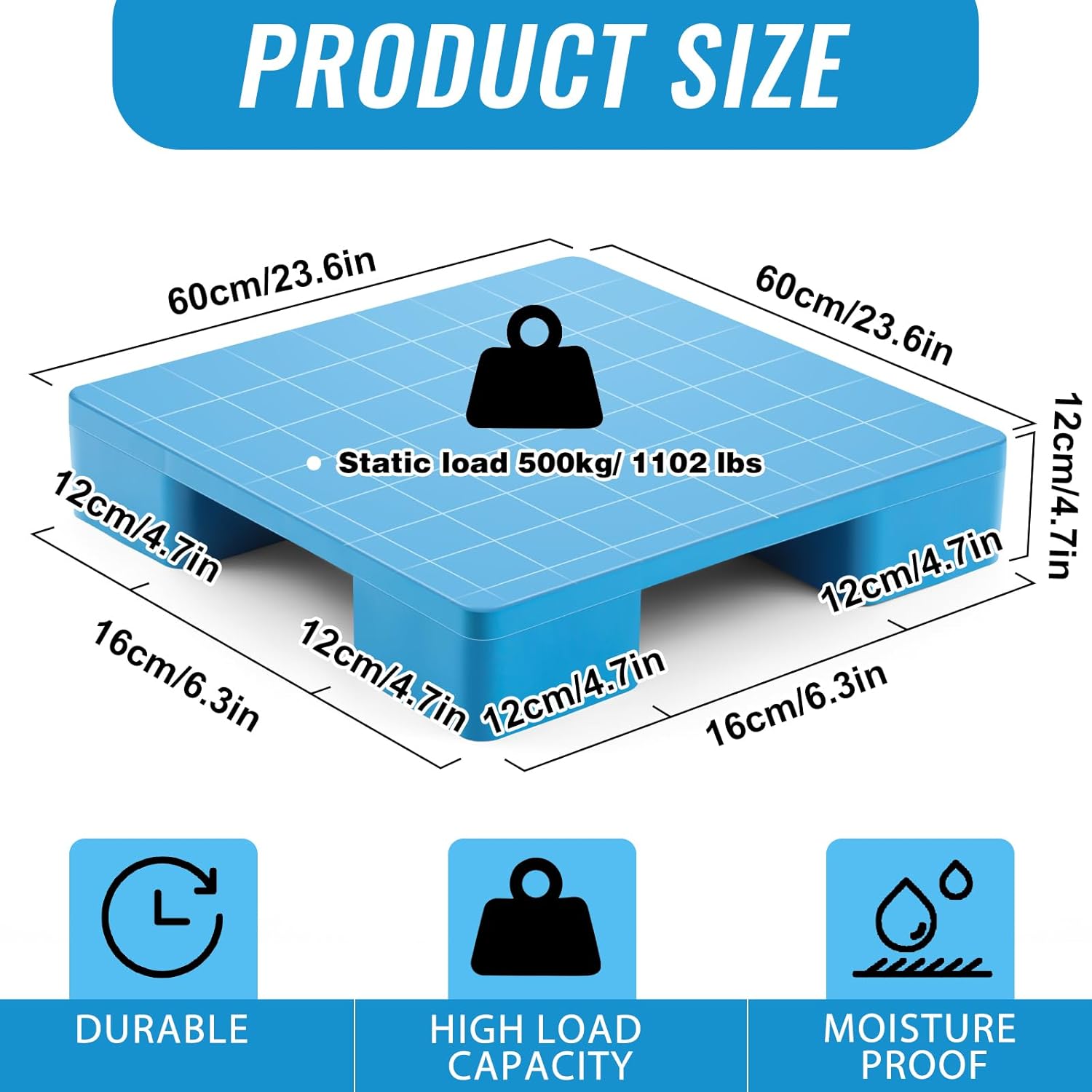 1 Pcs Plastic Pallet for Basement Storage Easy Stack Lightweight Floor Pallet Display Flooring Room Supermarket Christmas, Support up to 2000 Lbs (23.7'' L X 23.7'' W X 4.7'' H,Blue)