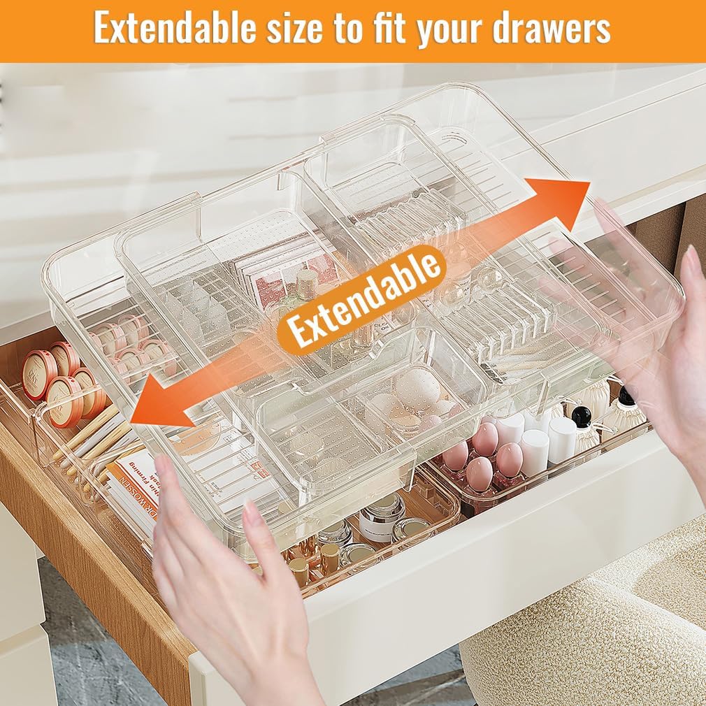 Expandable Drawer Organizer Tray from 11” to 19.1”, Adjustable Silverware in Drawer Holder, Clear Plastic Drawer Storage with Sliding Dividers for Utensil, Cosmetics, Toiletries, Offices