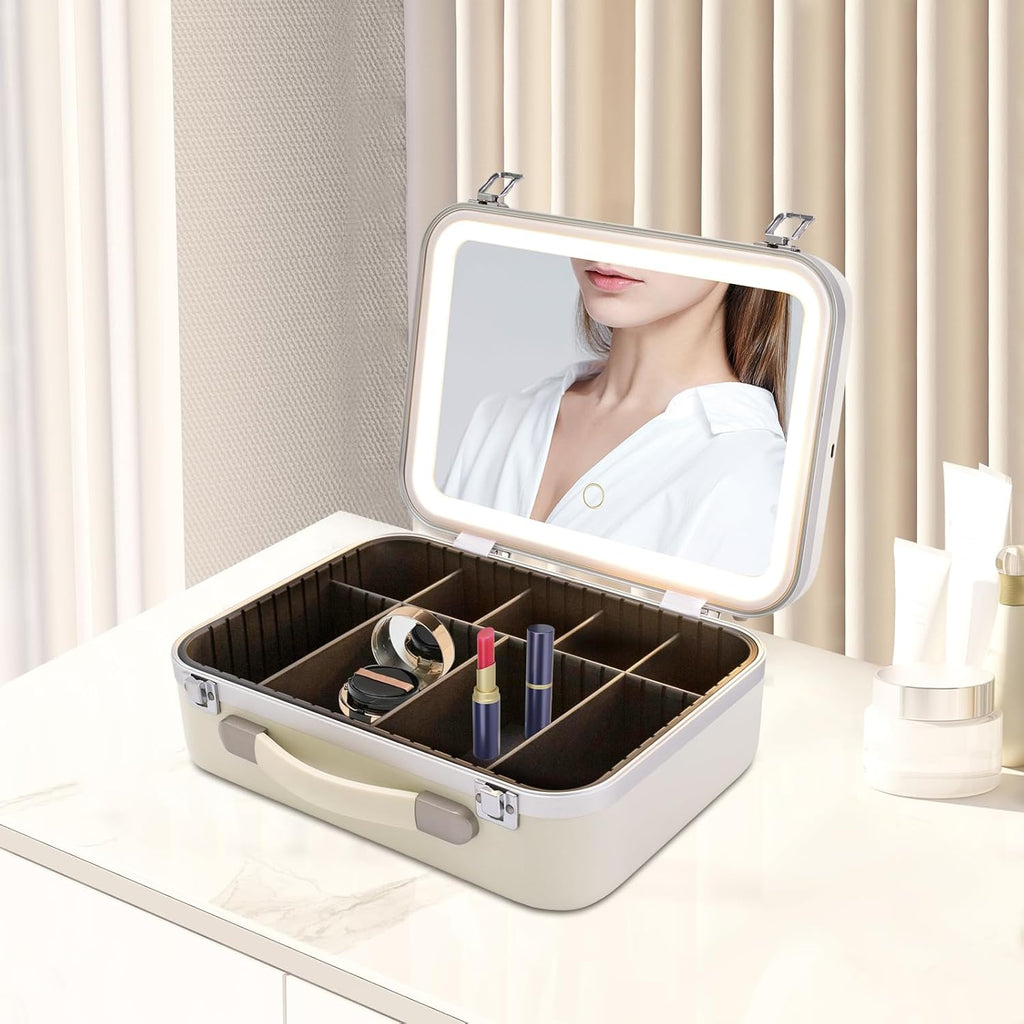 White Rectangular Makeup Case with Mirror, Travel Makeup Bag with Adjustable LED Light in 3 Colors, Portable Train Suitcase for All Kinds of Cosmetics