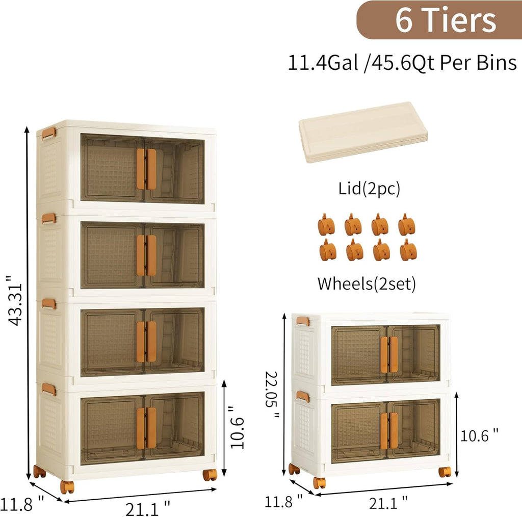 Plastic Stackable Storage Bins with 2 Lids and Wheels, Foldable Closet Organizers and Storage Containers, Collapsible Clear Drawer Storage Cabinet with Doors Ivory White 273.6 QT