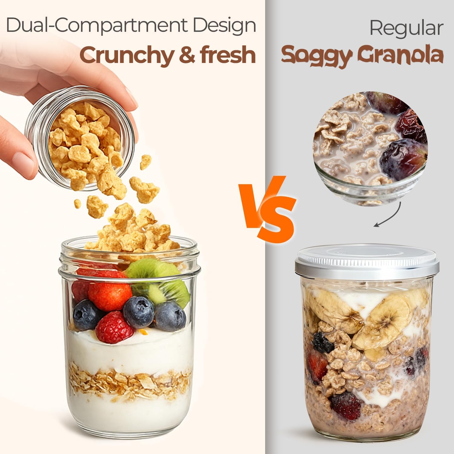 ComSaf Pink Overnight Oats Containers with Lids (16oz+4oz, 1Pcs), Glass Yogurt Parfait Cups for Cereal Nut Fruit, Dual-Layer Chia Pudding Jars with Dry and Wet Separation, Meal Prep, Glass for Salad