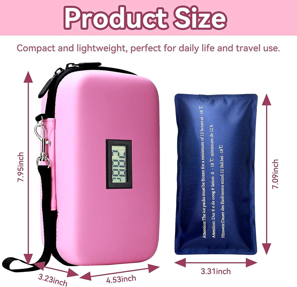 Insulin Cooler Travel Case, TSA Approved Medication Diabetic Cooler Organizer Bag with Thermometer Temperature Display 2 Ice Packs, Pink
