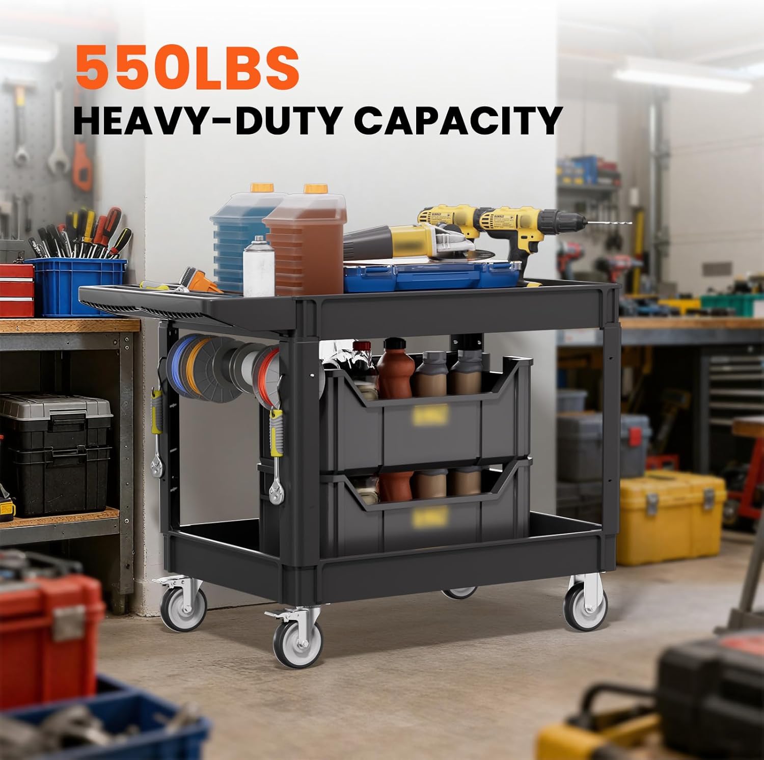 2 Tier Plastic Rolling Utility Cart on Wheels, Heavy Duty Tool Cart with Deep Shelves and 360° Swivel Wheels Holds up to 550 lbs, Service Cart for Warehouse,Garage, Cleaning (Black-L)