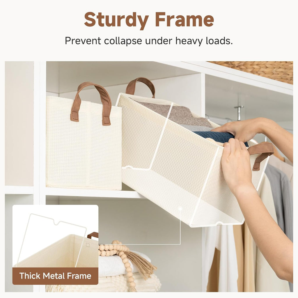 StorageWorks Storage Bins, Shelves Baskets for Organizing, Fabric Closet Organizers with Handles, Metal Frame, Beige（Texture）, 2-Pack