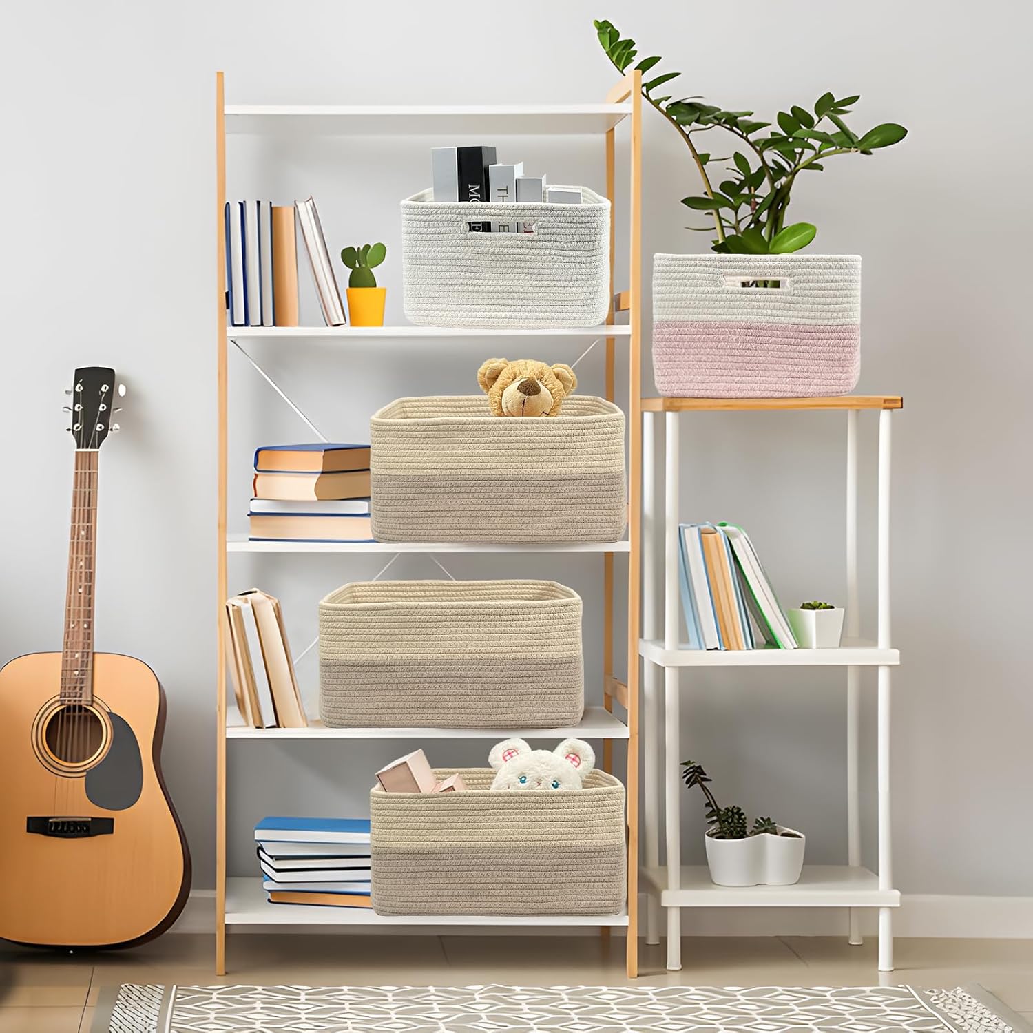 COMFY-HOMI 2 pcs Large Storage Baskets for Shelves, Laundry Basket, Woven Rope Basket, Closet Organizer Bins for Clothes Blanket Towels, Baby Nursery, Gift Toy Baskets, 17” x 13” x 7.5”-Beige Brown