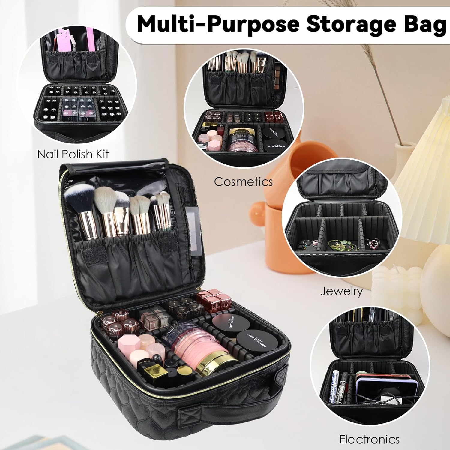 Travel Makeup Bag Makeup Cosmetic Train Case Organizer Portable Storage Bag with Adjustable Dividers for Cosmetics Makeup Brushes Toiletry Jewelry Heart Pattern