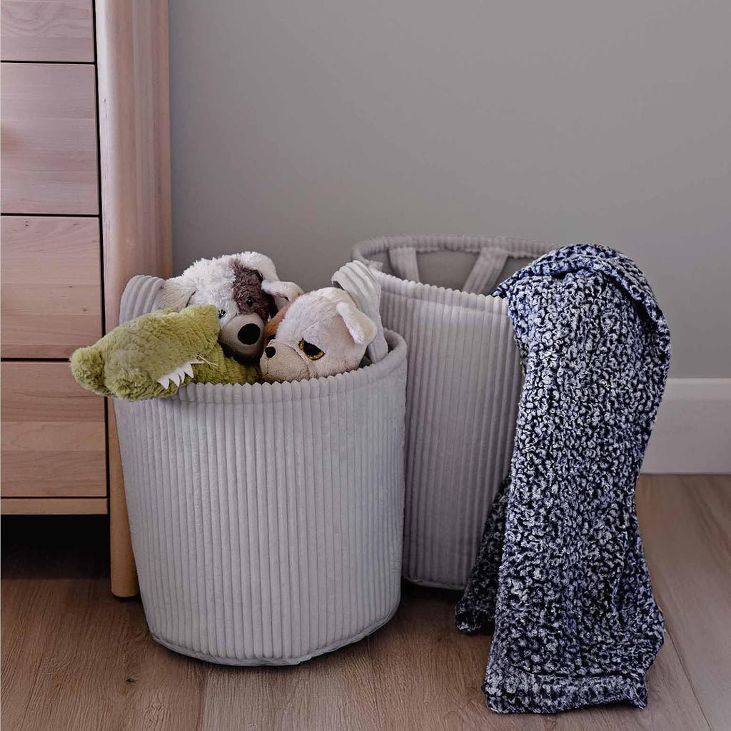 PUTSKA Blanket Basket – Round Storage for Toys and Blankets, Clothes, Stuffed Animals – Soft Baby Girl Basket for Nursery, Kids Room, Bedroom, Living Room – Regular, Grey