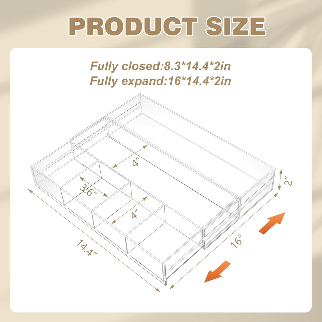 1 PC Acrylic Desk Drawer Organizer 2 Inch Height Expandable Drawer Organizer Trays with 8 Adjustable Compartments Desk Accessories for Makeup Silverware Office Bathroom(Clear,Stylish)