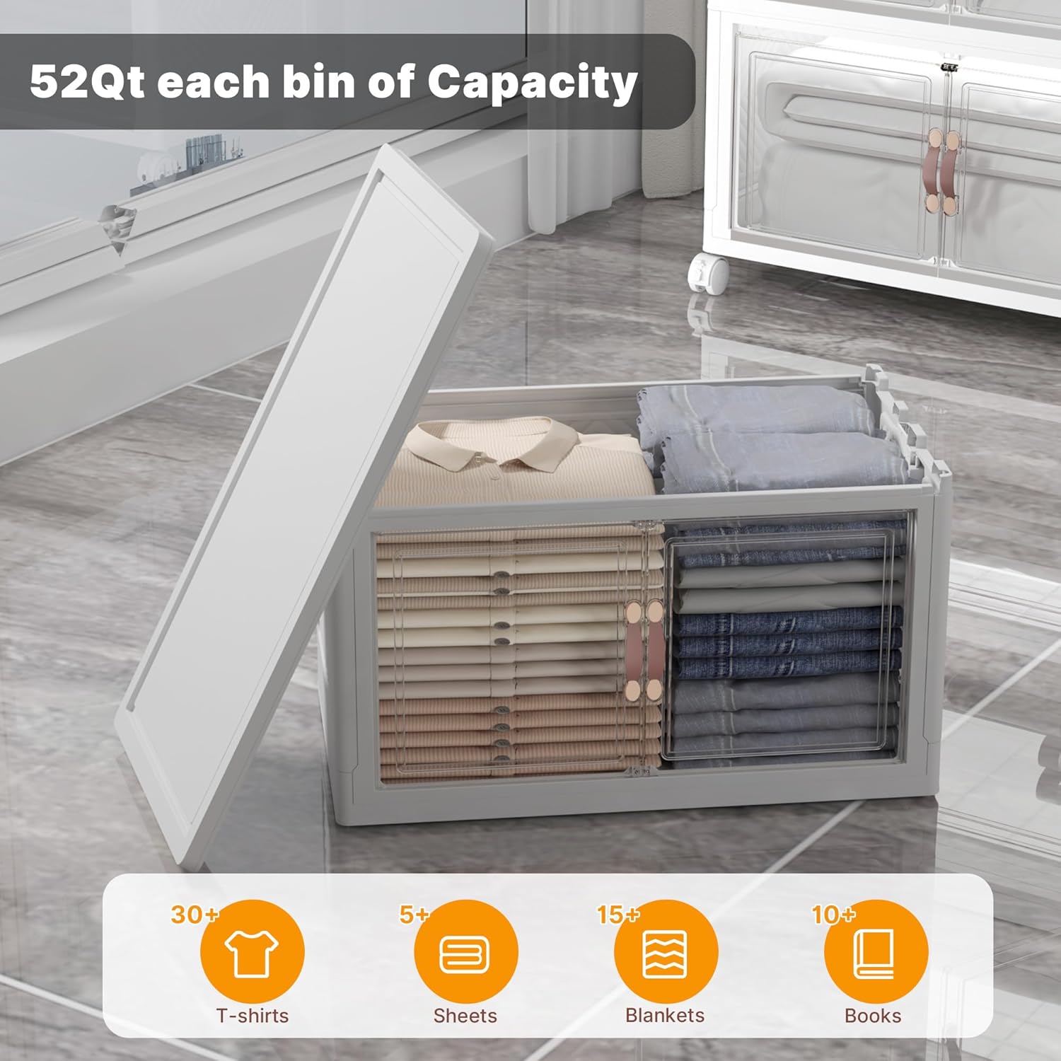 Extra Large Stackable Storage Bins with Lids & Wheels & Door, 156QT-52QT/13GAL*3Pack Foldable Collapsible Closet Organizers, Plastic containers drawers for bedroom Dorm