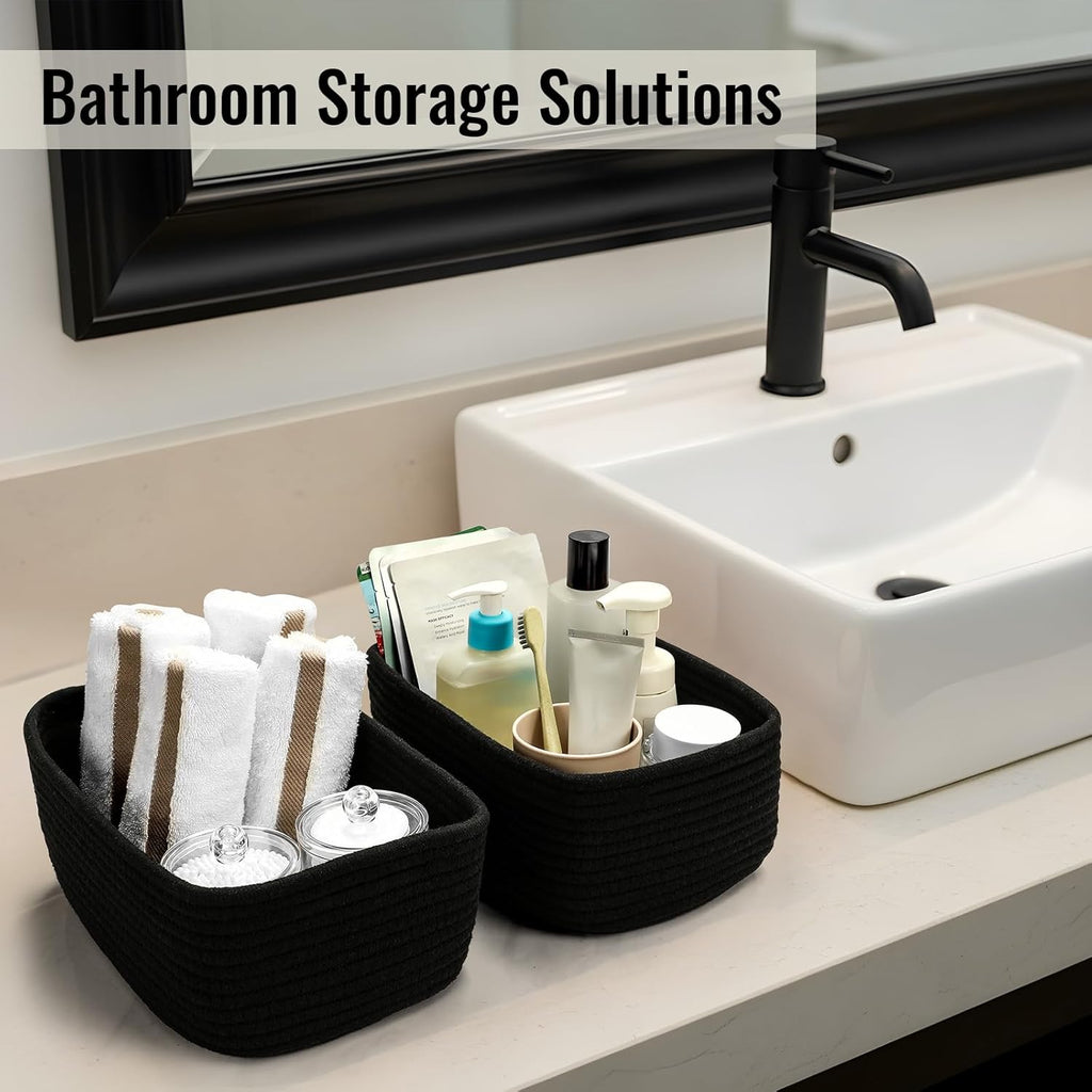 8 Pack Small Storage Baskets for Organizing, Woven Rope Bins for Bathroom, Closet, Shelf Organizer, Cute Cube Decorative Box for Towels, Baby Nursery, Toys, Gift Empty Baskets - 11.5"x7.5"x4.7"-Black