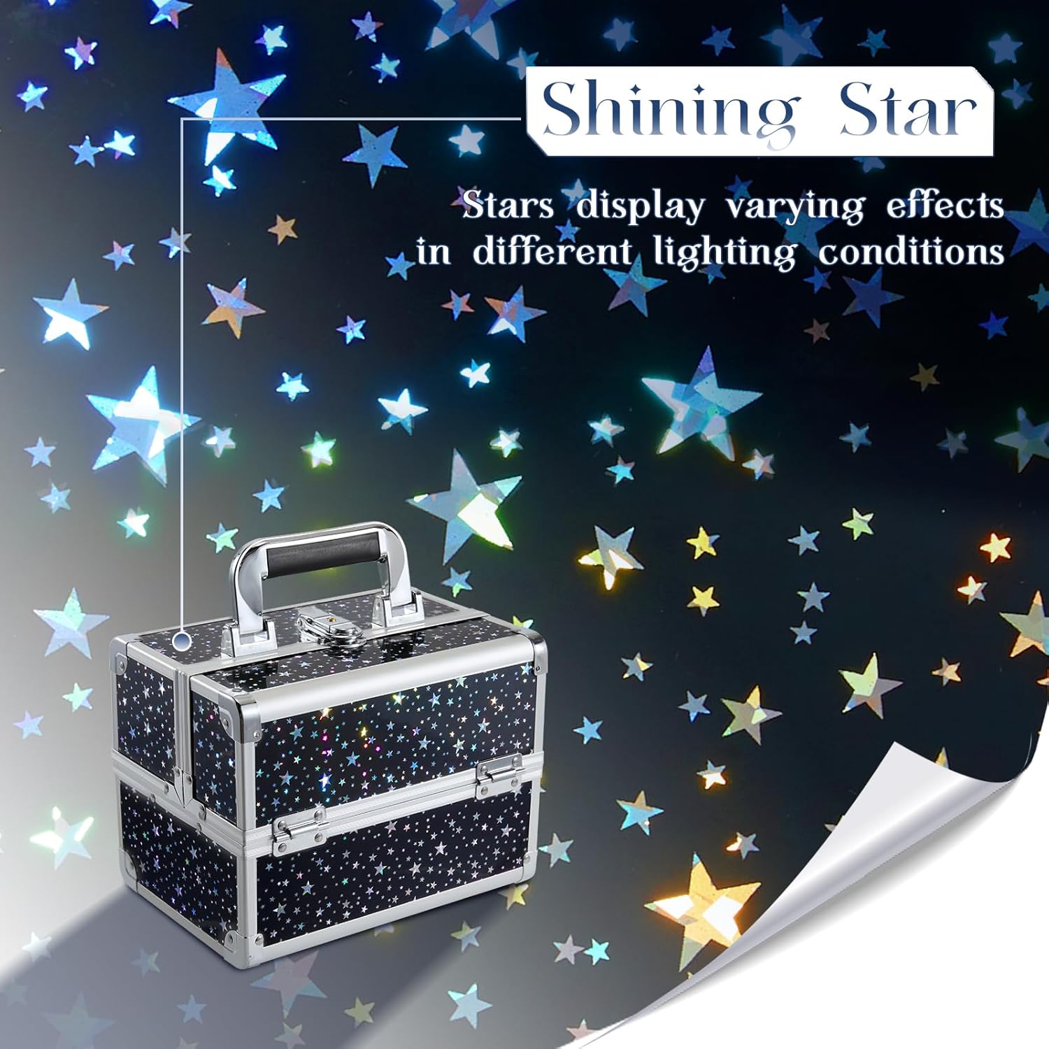 Joligrace Makeup Train Case Portable Cosmetic Box 2 Trays with Mirror Lockable for Makeup Nail Tech and Beauticians Traveling Makeup Storage Organizer - Black Star