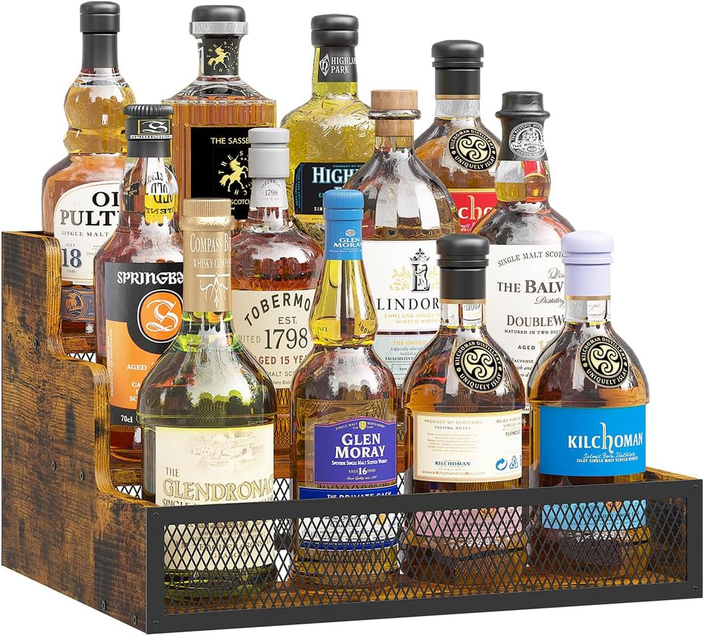 3-Tier Liquor Bottle Display Shelf, Rustic Wooden Bottle Holder Stand for Liquor Whiskey Wine Coffee Bottle Display with Fences, Storage Countertop Shelf for Café, Bar, Office Station