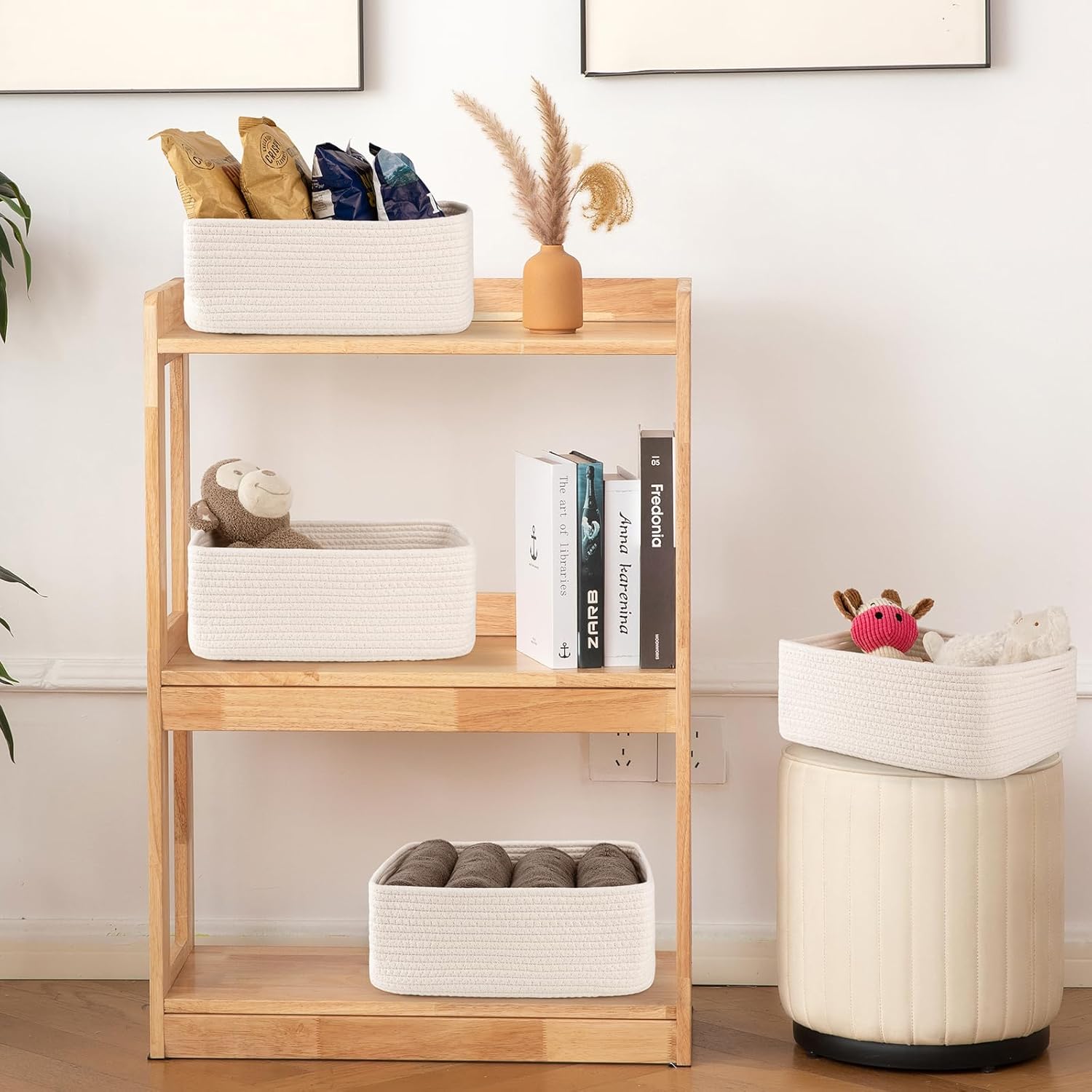 OIAHOMY 4 Pack Storage Baskets for Organizing, Small Bins for Shelves, Cute Decorative Storage Bins, Organizer Baskets for Gifts Empty, 13.8''Lx9.8''Wx5.5''H, White