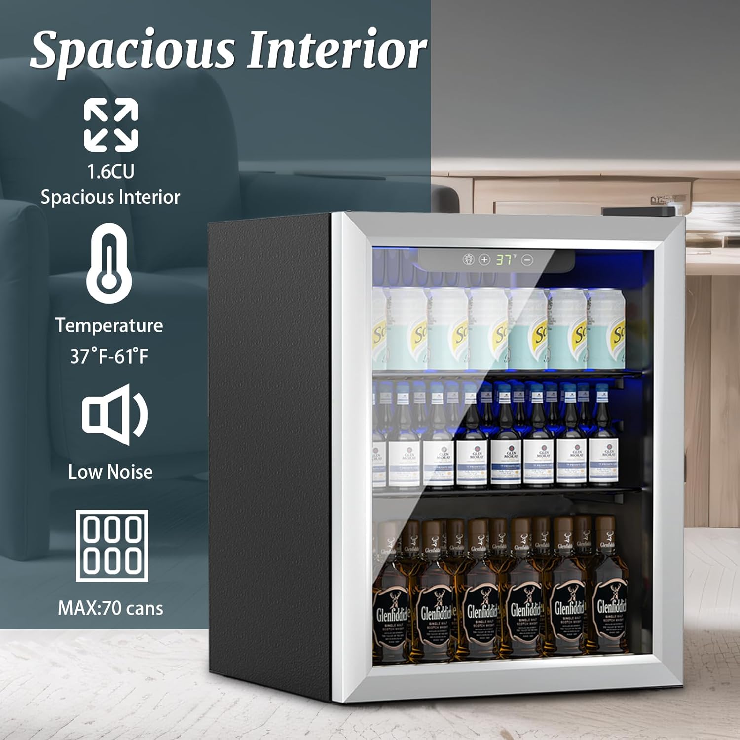 1.7 Cu.ft Beverage Refrigerator Cooler, 72 Cans Mini Fridge with Glass Reversible Door, Digital Temperature Display for Soda, Beer or Wine For Office or Bar with Removable Shelves